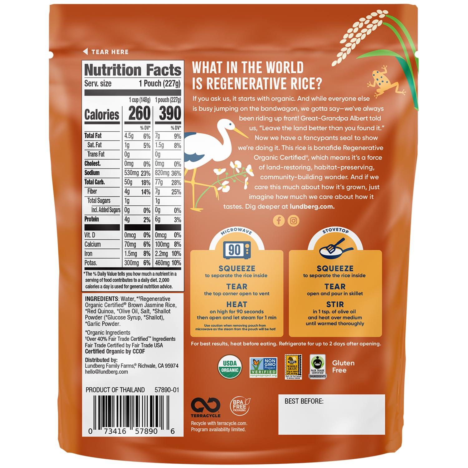 image:imageLundberg Brown Rice amp Quinoa Ready in 90 Seconds 6Pack Regenerative Organic Certified Brown Jasmine Rice Organic Quinoa Microwavable Lightly Seasoned with Garlic amp Shallots 8 Oz EaOrganic Brown Rice Quinoa