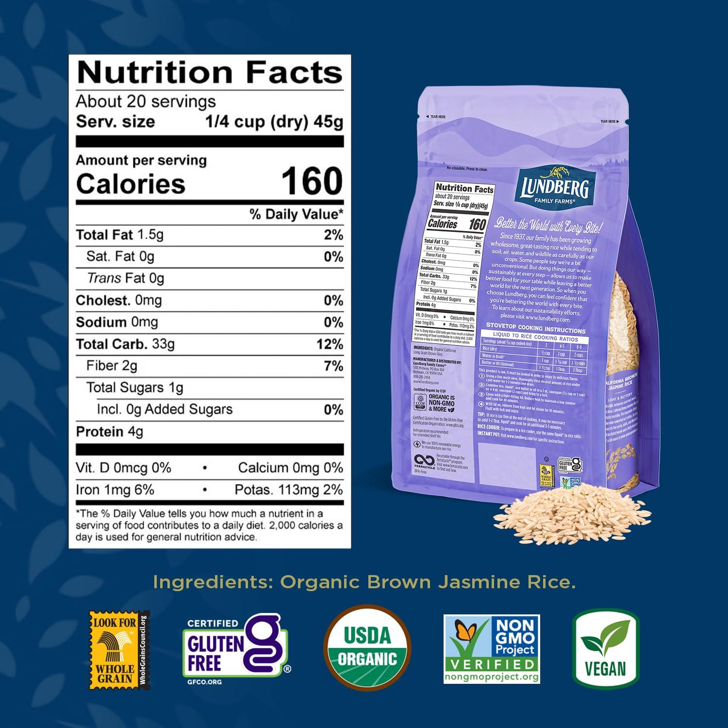 image:imageLundberg Family Farms Organic Brown Short Grain Rice Subtle Nutty Aroma Clings When Cooked 100 Whole Grain High Fiber Pantry Staple USDA Certified Organic GlutenFree Vegan 32 oz 1PackOrganic California Brown Jasmine