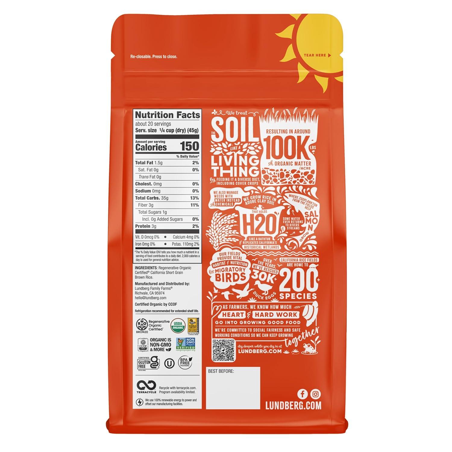 image:imageLundberg Family Farms Organic Brown Short Grain Rice Subtle Nutty Aroma Clings When Cooked 100 Whole Grain High Fiber Pantry Staple USDA Certified Organic GlutenFree Vegan 32 oz 1PackOrganic Brown Short Grain
