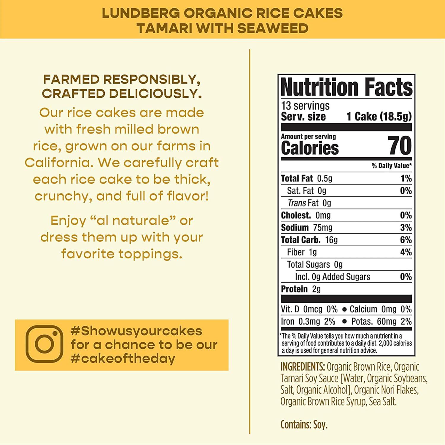 image:imageLundberg Organic Brown Rice Cakes Honey Nut 96 oz Pack of 6 GlutenFree Healthy SnacksOrganic Tamari with Seaweed