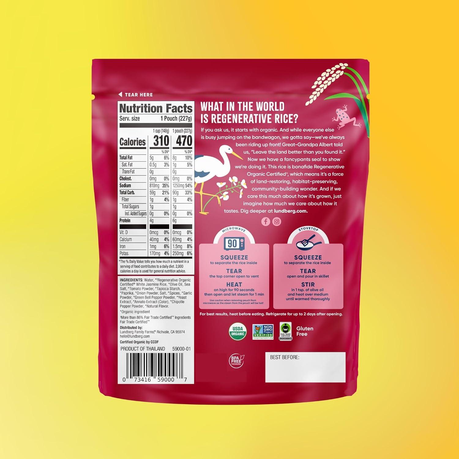 image:imageLundberg Organic Spanish Rice Microwave Ready in 90 Seconds Regenerative Organic Lightly Seasoned White Jasmine Rice GlutenFree 8oz Pouch