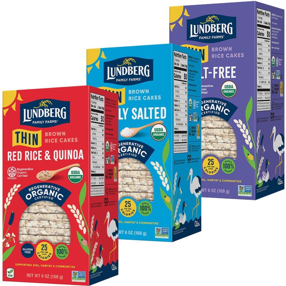 image:imageLundberg Thin Brown Rice Cakes Variety 3Pack Regenerative Organic Certified Lightly Salted SaltFree and Red Rice amp Quinoa Healthy Snacks 6 Oz Ea