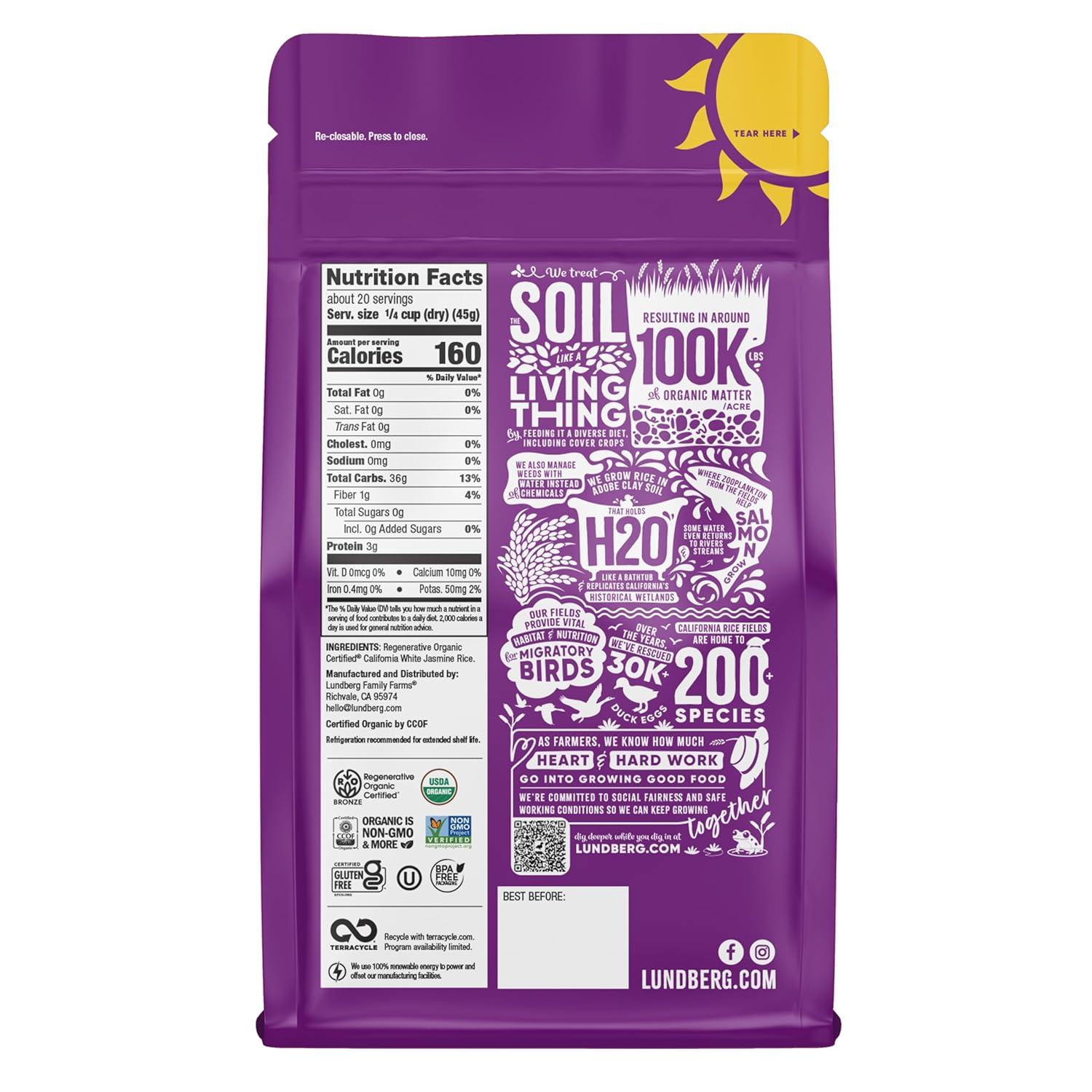 image:imageLundberg Jasmine Rice Regenerative Organic Certified 6Pack NonSticky Aromatic LongGrain White Rice Responsibly Grown in California 32 Oz Ea2 Pound Pack of 1